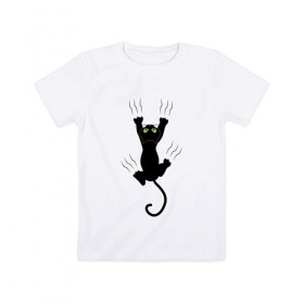 Детская футболка хлопок с принтом Кошка карабкается в Кировске, 100% хлопок | круглый вырез горловины, полуприлегающий силуэт, длина до линии бедер | cat | арт | домашний питомец | когти | кот | кошка | прикольные | царапины
