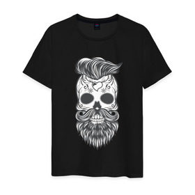 Мужская футболка хлопок с принтом Бородатый череп в Кировске, 100% хлопок | прямой крой, круглый вырез горловины, длина до линии бедер, слегка спущенное плечо. | арт | борода | мертвец | прикольные | скелет | усы | череп