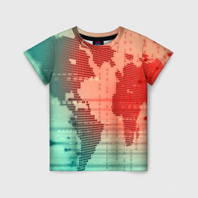 Детская футболка 3D с принтом Цифровой мир в Кировске, 100% гипоаллергенный полиэфир | прямой крой, круглый вырез горловины, длина до линии бедер, чуть спущенное плечо, ткань немного тянется | зеленый | карта | кибер | красный