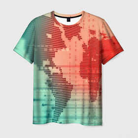 Мужская футболка 3D с принтом Цифровой мир в Кировске, 100% полиэфир | прямой крой, круглый вырез горловины, длина до линии бедер | зеленый | карта | кибер | красный