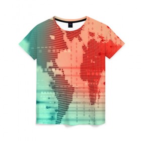 Женская футболка 3D с принтом Цифровой мир в Кировске, 100% полиэфир ( синтетическое хлопкоподобное полотно) | прямой крой, круглый вырез горловины, длина до линии бедер | зеленый | карта | кибер | красный