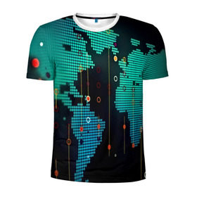 Мужская футболка 3D спортивная с принтом digital world в Кировске, 100% полиэстер с улучшенными характеристиками | приталенный силуэт, круглая горловина, широкие плечи, сужается к линии бедра | бирюзовый | карта | кибер | черный