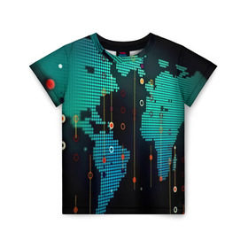 Детская футболка 3D с принтом digital world в Кировске, 100% гипоаллергенный полиэфир | прямой крой, круглый вырез горловины, длина до линии бедер, чуть спущенное плечо, ткань немного тянется | бирюзовый | карта | кибер | черный