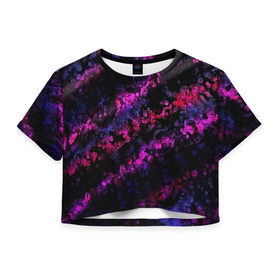 Женская футболка 3D укороченная с принтом фиолетово-синяя краска в Кировске, 100% полиэстер | круглая горловина, длина футболки до линии талии, рукава с отворотами | 