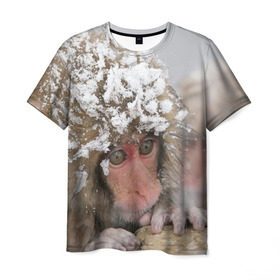 Мужская футболка 3D с принтом Обезьянка и зима в Кировске, 100% полиэфир | прямой крой, круглый вырез горловины, длина до линии бедер | бабуин | гамадрил | гиббон | горилла | гуманоид | дарвин | животное | зоопарк | кинг конг | мартышка | маугли | обезьяна | орангутанг | предок | примат | рожа | хомо сапиенс | шимпанзе