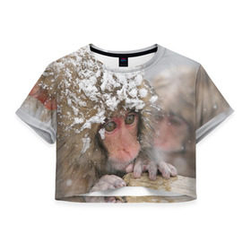 Женская футболка 3D укороченная с принтом Обезьянка и зима в Кировске, 100% полиэстер | круглая горловина, длина футболки до линии талии, рукава с отворотами | бабуин | гамадрил | гиббон | горилла | гуманоид | дарвин | животное | зоопарк | кинг конг | мартышка | маугли | обезьяна | орангутанг | предок | примат | рожа | хомо сапиенс | шимпанзе