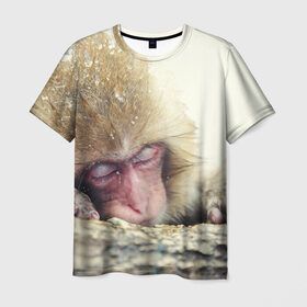 Мужская футболка 3D с принтом Обезьянка спит в Кировске, 100% полиэфир | прямой крой, круглый вырез горловины, длина до линии бедер | Тематика изображения на принте: бабуин | животное | обезьяна | орангутанг | примат