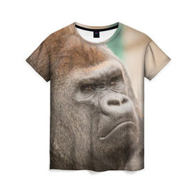 Женская футболка 3D с принтом Обезьяна в Кировске, 100% полиэфир ( синтетическое хлопкоподобное полотно) | прямой крой, круглый вырез горловины, длина до линии бедер | горилла | животное | обезьяна | примат