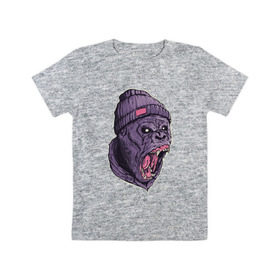 Детская футболка хлопок с принтом Злая горилла в Кировске, 100% хлопок | круглый вырез горловины, полуприлегающий силуэт, длина до линии бедер | Тематика изображения на принте: арт | взгляд | гипноз | гнев | горилла | животные | зубы | кинг конг | клыки | обезьяна | пасть | шапка