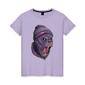 Женская футболка хлопок с принтом Злая горилла в Кировске, 100% хлопок | прямой крой, круглый вырез горловины, длина до линии бедер, слегка спущенное плечо | арт | взгляд | гипноз | гнев | горилла | животные | зубы | кинг конг | клыки | обезьяна | пасть | шапка
