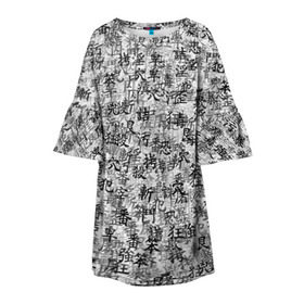 Детское платье 3D с принтом Японские иероглифы в Кировске, 100% полиэстер | прямой силуэт, чуть расширенный к низу. Круглая горловина, на рукавах — воланы | буквы | паттерн | символ | текст | текстура | черно белый | янония