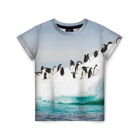 Детская футболка 3D с принтом Пингвины на айсберге в Кировске, 100% гипоаллергенный полиэфир | прямой крой, круглый вырез горловины, длина до линии бедер, чуть спущенное плечо, ткань немного тянется | айсберг | антарктида | антарктика | арктика | буревестник | глупый | императорский | клюв | королевский | крылья | ласты | лёд | линукс | океан | пилигрим | полюс | птица | север | снег | умка | фрак