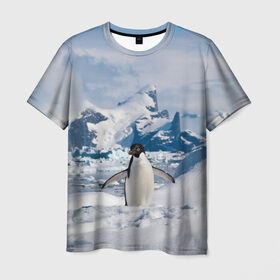 Мужская футболка 3D с принтом Пингвин в горах в Кировске, 100% полиэфир | прямой крой, круглый вырез горловины, длина до линии бедер | айсберг | антарктида | антарктика | арктика | буревестник | глупый | императорский | клюв | королевский | крылья | ласты | лёд | линукс | океан | пилигрим | полюс | птица | север | снег | умка | фрак
