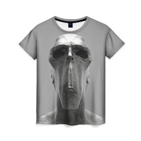 Женская футболка 3D с принтом Гуманоид в Кировске, 100% полиэфир ( синтетическое хлопкоподобное полотно) | прямой крой, круглый вырез горловины, длина до линии бедер | head | humanoid | sculpture | голова | идол | инопланетянин | истукан | космос | скульптура | статуя