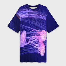 Платье-футболка 3D с принтом Розовые медузы в Кировске,  |  | аквариум | вода | дайвинг | милые | море | океан | плывет | подводный мир | рыбалка | рыбка | рыбы | стая | фауна