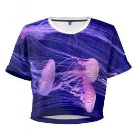Женская футболка 3D укороченная с принтом Розовые медузы в Кировске, 100% полиэстер | круглая горловина, длина футболки до линии талии, рукава с отворотами | аквариум | вода | дайвинг | милые | море | океан | плывет | подводный мир | рыбалка | рыбка | рыбы | стая | фауна