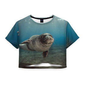 Женская футболка 3D укороченная с принтом Тюлень под водой в Кировске, 100% полиэстер | круглая горловина, длина футболки до линии талии, рукава с отворотами | вода | дайвинг | жирный | косяк | красивые | милые | море | морская | морской котик | океан | плывет | подводный мир | прикольные | речная | рыба | рыбалка | стая | тюлень | усатый кот | фауна | чешуя