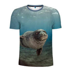 Мужская футболка 3D спортивная с принтом Тюлень под водой в Кировске, 100% полиэстер с улучшенными характеристиками | приталенный силуэт, круглая горловина, широкие плечи, сужается к линии бедра | Тематика изображения на принте: вода | дайвинг | жирный | косяк | красивые | милые | море | морская | морской котик | океан | плывет | подводный мир | прикольные | речная | рыба | рыбалка | стая | тюлень | усатый кот | фауна | чешуя