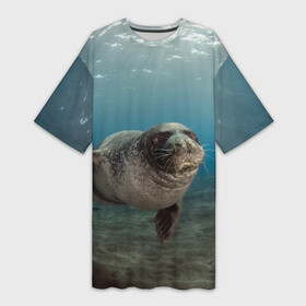 Платье-футболка 3D с принтом Тюлень под водой в Кировске,  |  | вода | дайвинг | жирный | косяк | красивые | милые | море | морская | морской котик | океан | плывет | подводный мир | прикольные | речная | рыба | рыбалка | стая | тюлень | усатый кот | фауна | чешуя