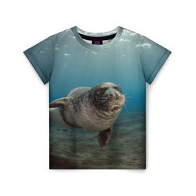 Детская футболка 3D с принтом Тюлень под водой в Кировске, 100% гипоаллергенный полиэфир | прямой крой, круглый вырез горловины, длина до линии бедер, чуть спущенное плечо, ткань немного тянется | Тематика изображения на принте: вода | дайвинг | жирный | косяк | красивые | милые | море | морская | морской котик | океан | плывет | подводный мир | прикольные | речная | рыба | рыбалка | стая | тюлень | усатый кот | фауна | чешуя