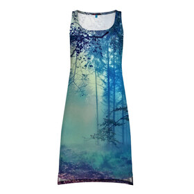 Платье-майка 3D с принтом Лес в Кировске, 100% полиэстер | полуприлегающий силуэт, широкие бретели, круглый вырез горловины, удлиненный подол сзади. | 3d | деревья | лес | пейзаж | природа | роща | туман