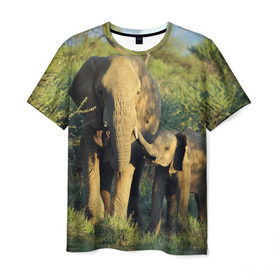 Мужская футболка 3D с принтом Слониха и слоненок в природе в Кировске, 100% полиэфир | прямой крой, круглый вырез горловины, длина до линии бедер | Тематика изображения на принте: африка | африканский | бивни | большой | гигант джунгли | зоопарк | индийский | индия | лесной великан | мамонт | огромный | саванна | сафари | серый | слон | слоненок | слониха | стадо | уши | хобот