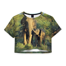 Женская футболка 3D укороченная с принтом Слониха и слоненок в природе в Кировске, 100% полиэстер | круглая горловина, длина футболки до линии талии, рукава с отворотами | африка | африканский | бивни | большой | гигант джунгли | зоопарк | индийский | индия | лесной великан | мамонт | огромный | саванна | сафари | серый | слон | слоненок | слониха | стадо | уши | хобот