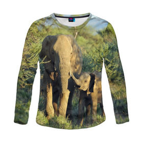 Женский лонгслив 3D с принтом Слониха и слоненок в природе в Кировске, 100% полиэстер | длинные рукава, круглый вырез горловины, полуприлегающий силуэт | африка | африканский | бивни | большой | гигант джунгли | зоопарк | индийский | индия | лесной великан | мамонт | огромный | саванна | сафари | серый | слон | слоненок | слониха | стадо | уши | хобот