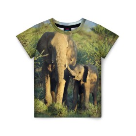 Детская футболка 3D с принтом Слониха и слоненок в природе в Кировске, 100% гипоаллергенный полиэфир | прямой крой, круглый вырез горловины, длина до линии бедер, чуть спущенное плечо, ткань немного тянется | африка | африканский | бивни | большой | гигант джунгли | зоопарк | индийский | индия | лесной великан | мамонт | огромный | саванна | сафари | серый | слон | слоненок | слониха | стадо | уши | хобот