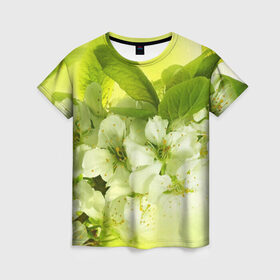 Женская футболка 3D с принтом Цветы яблони в Кировске, 100% полиэфир ( синтетическое хлопкоподобное полотно) | прямой крой, круглый вырез горловины, длина до линии бедер | белый | весна | дерево | зеленый | природа | растения | цветы | яблоня