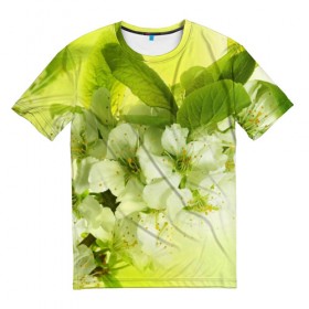Мужская футболка 3D с принтом Цветы яблони в Кировске, 100% полиэфир | прямой крой, круглый вырез горловины, длина до линии бедер | Тематика изображения на принте: белый | весна | дерево | зеленый | природа | растения | цветы | яблоня