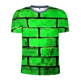 Мужская футболка 3D спортивная с принтом Зелёные кирпичики в Кировске, 100% полиэстер с улучшенными характеристиками | приталенный силуэт, круглая горловина, широкие плечи, сужается к линии бедра | 3d | зелёные кирпичики | камень | краска | текстуры