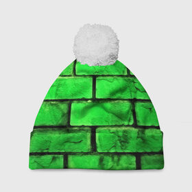 Шапка 3D c помпоном с принтом Зелёные кирпичики в Кировске, 100% полиэстер | универсальный размер, печать по всей поверхности изделия | Тематика изображения на принте: 3d | зелёные кирпичики | камень | краска | текстуры