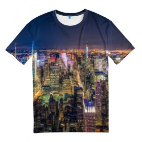 Мужская футболка 3D с принтом Ночной город 3 в Кировске, 100% полиэфир | прямой крой, круглый вырез горловины, длина до линии бедер | город | здания | небо | ночь | свет