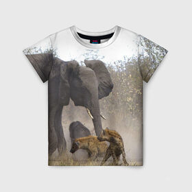 Детская футболка 3D с принтом Гиены охотятся на слона в Кировске, 100% гипоаллергенный полиэфир | прямой крой, круглый вырез горловины, длина до линии бедер, чуть спущенное плечо, ткань немного тянется | Тематика изображения на принте: африка | африканский | бивни | большой | гигант джунгли | гиены | индийский | индия | лесной великан | мамонт | огромный | охота | саванна | сафари | серый | слон | слониха | стадо | уши | хобот