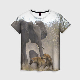 Женская футболка 3D с принтом Гиены охотятся на слона в Кировске, 100% полиэфир ( синтетическое хлопкоподобное полотно) | прямой крой, круглый вырез горловины, длина до линии бедер | африка | африканский | бивни | большой | гигант джунгли | гиены | индийский | индия | лесной великан | мамонт | огромный | охота | саванна | сафари | серый | слон | слониха | стадо | уши | хобот