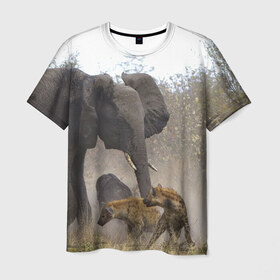 Мужская футболка 3D с принтом Гиены охотятся на слона в Кировске, 100% полиэфир | прямой крой, круглый вырез горловины, длина до линии бедер | африка | африканский | бивни | большой | гигант джунгли | гиены | индийский | индия | лесной великан | мамонт | огромный | охота | саванна | сафари | серый | слон | слониха | стадо | уши | хобот