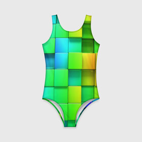 Детский купальник 3D с принтом Пазлы в Кировске, Полиэстер 85%, Спандекс 15% | Слитный крой, подклад по переду изделия, узкие бретели | Тематика изображения на принте: абстракция | годнота | зеленый. кубы | пазлы | радуга | яркий