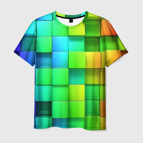 Мужская футболка 3D с принтом Пазлы в Кировске, 100% полиэфир | прямой крой, круглый вырез горловины, длина до линии бедер | абстракция | годнота | зеленый. кубы | пазлы | радуга | яркий