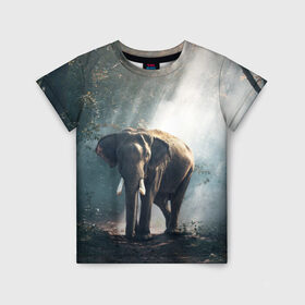 Детская футболка 3D с принтом Слон в лесу в Кировске, 100% гипоаллергенный полиэфир | прямой крой, круглый вырез горловины, длина до линии бедер, чуть спущенное плечо, ткань немного тянется | африка | африканский | бивни | большой | гигант джунгли | зоопарк | индийский | индия | лесной великан | мамонт | огромный | саванна | сафари | серый | слон | слоненок | слониха | стадо | уши | хобот