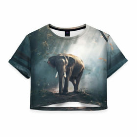 Женская футболка 3D укороченная с принтом Слон в лесу в Кировске, 100% полиэстер | круглая горловина, длина футболки до линии талии, рукава с отворотами | африка | африканский | бивни | большой | гигант джунгли | зоопарк | индийский | индия | лесной великан | мамонт | огромный | саванна | сафари | серый | слон | слоненок | слониха | стадо | уши | хобот