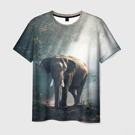 Мужская футболка 3D с принтом Слон в лесу в Кировске, 100% полиэфир | прямой крой, круглый вырез горловины, длина до линии бедер | африка | африканский | бивни | большой | гигант джунгли | зоопарк | индийский | индия | лесной великан | мамонт | огромный | саванна | сафари | серый | слон | слоненок | слониха | стадо | уши | хобот