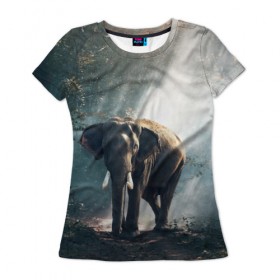 Женская футболка 3D с принтом Слон в лесу в Кировске, 100% полиэфир ( синтетическое хлопкоподобное полотно) | прямой крой, круглый вырез горловины, длина до линии бедер | Тематика изображения на принте: африка | африканский | бивни | большой | гигант джунгли | зоопарк | индийский | индия | лесной великан | мамонт | огромный | саванна | сафари | серый | слон | слоненок | слониха | стадо | уши | хобот