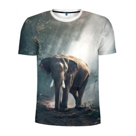 Мужская футболка 3D спортивная с принтом Слон в лесу в Кировске, 100% полиэстер с улучшенными характеристиками | приталенный силуэт, круглая горловина, широкие плечи, сужается к линии бедра | Тематика изображения на принте: африка | африканский | бивни | большой | гигант джунгли | зоопарк | индийский | индия | лесной великан | мамонт | огромный | саванна | сафари | серый | слон | слоненок | слониха | стадо | уши | хобот