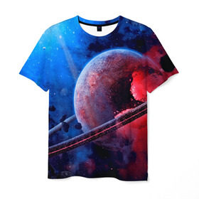Мужская футболка 3D с принтом Сатурн в Кировске, 100% полиэфир | прямой крой, круглый вырез горловины, длина до линии бедер | Тематика изображения на принте: планеты | синий | яркий