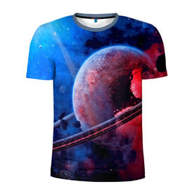Мужская футболка 3D спортивная с принтом Сатурн в Кировске, 100% полиэстер с улучшенными характеристиками | приталенный силуэт, круглая горловина, широкие плечи, сужается к линии бедра | Тематика изображения на принте: планеты | синий | яркий