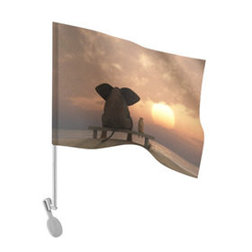 Флаг для автомобиля с принтом Слон с собакой на лавке, закат в Кировске, 100% полиэстер | Размер: 30*21 см | 