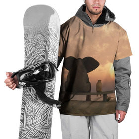 Накидка на куртку 3D с принтом Слон с собакой на лавке, закат в Кировске, 100% полиэстер |  | 