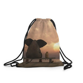 Рюкзак-мешок 3D с принтом Слон с собакой на лавке, закат в Кировске, 100% полиэстер | плотность ткани — 200 г/м2, размер — 35 х 45 см; лямки — толстые шнурки, застежка на шнуровке, без карманов и подкладки | 