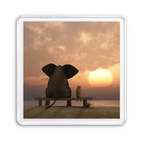 Магнит 55*55 с принтом Слон с собакой на лавке, закат в Кировске, Пластик | Размер: 65*65 мм; Размер печати: 55*55 мм | Тематика изображения на принте: 
